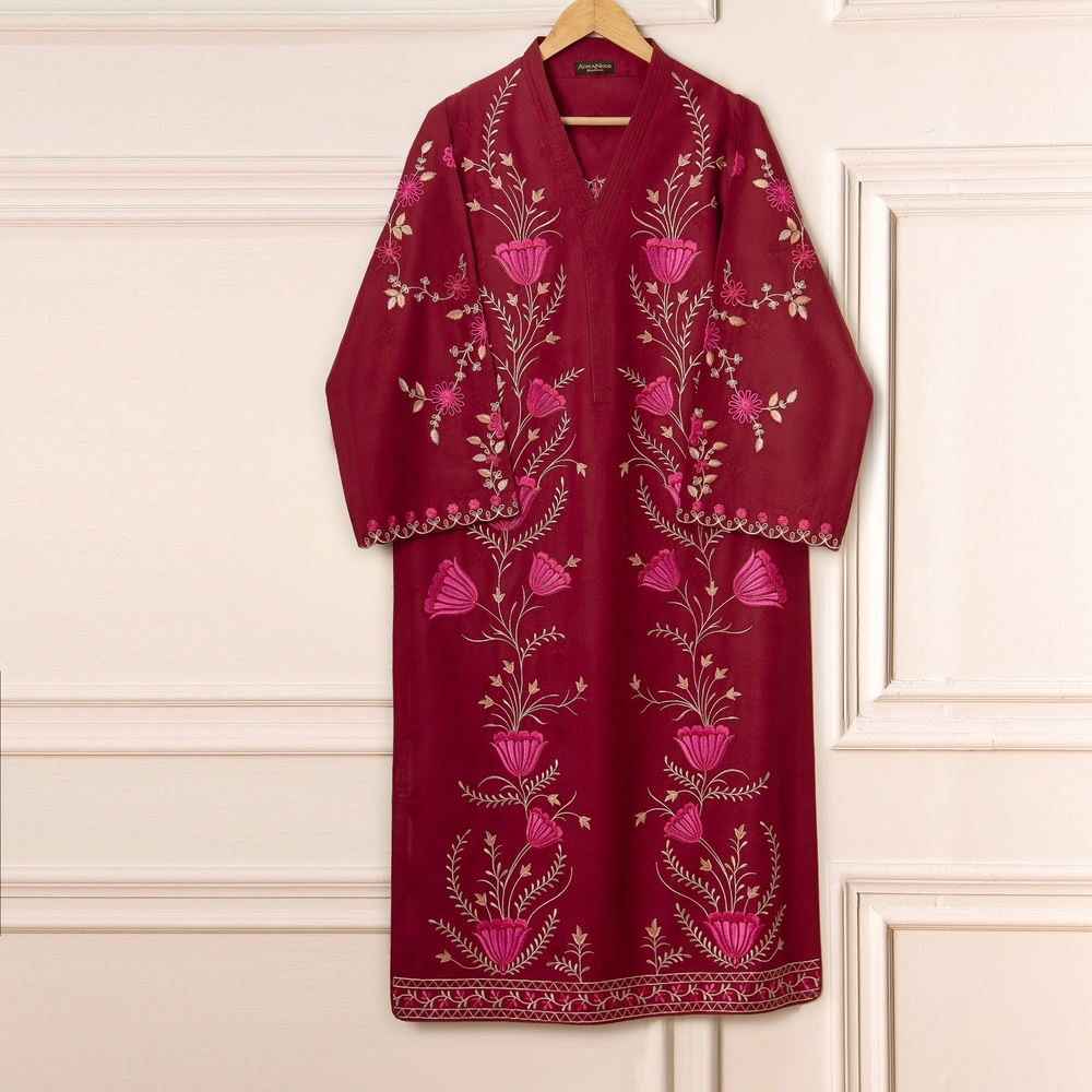 Elegant Floral Embroidered Dress - Maroon